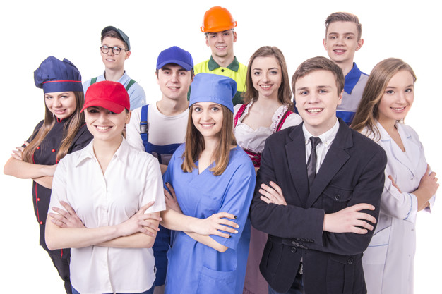 Young group of industrial workers on white background. Young group of industrial workers on white background.